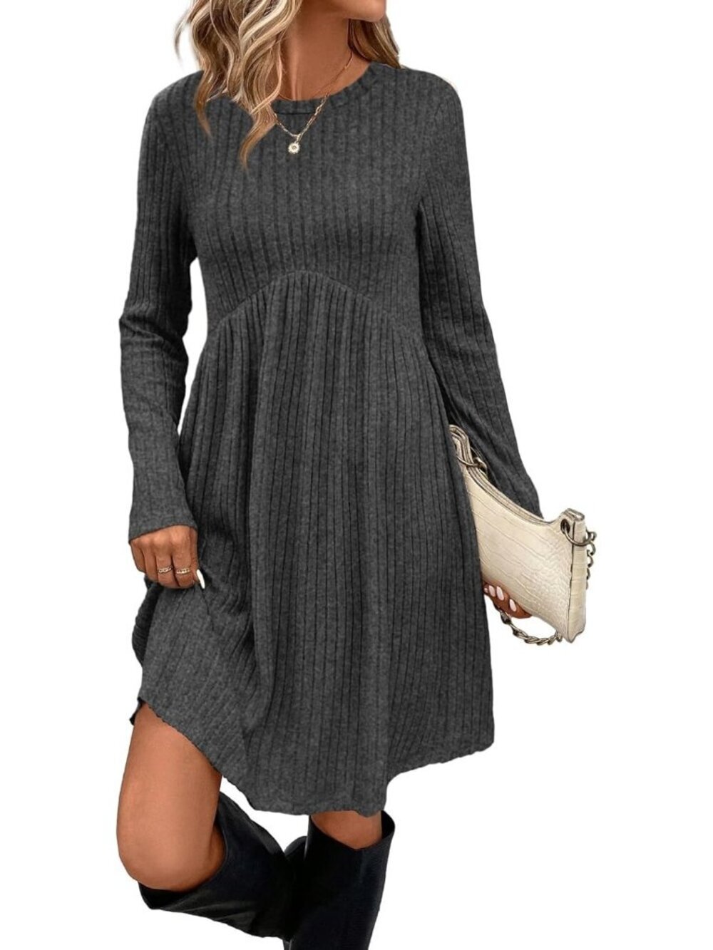 Women's Grey Stylish Long Sleeve Comfort Crew Neck Empire Waist Tunic Mini Dress